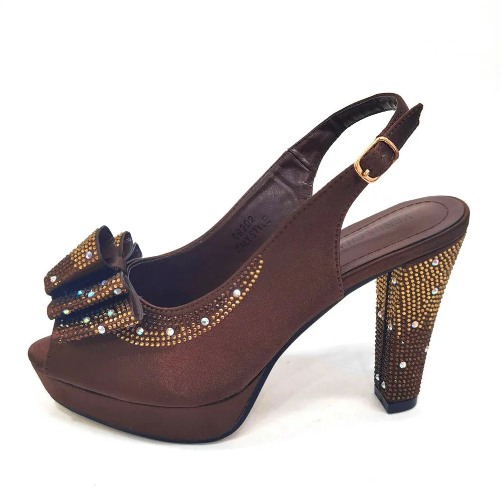 Women High Heels Sandals Printing Flower Material with Rhinestone Open-Toed Shoes