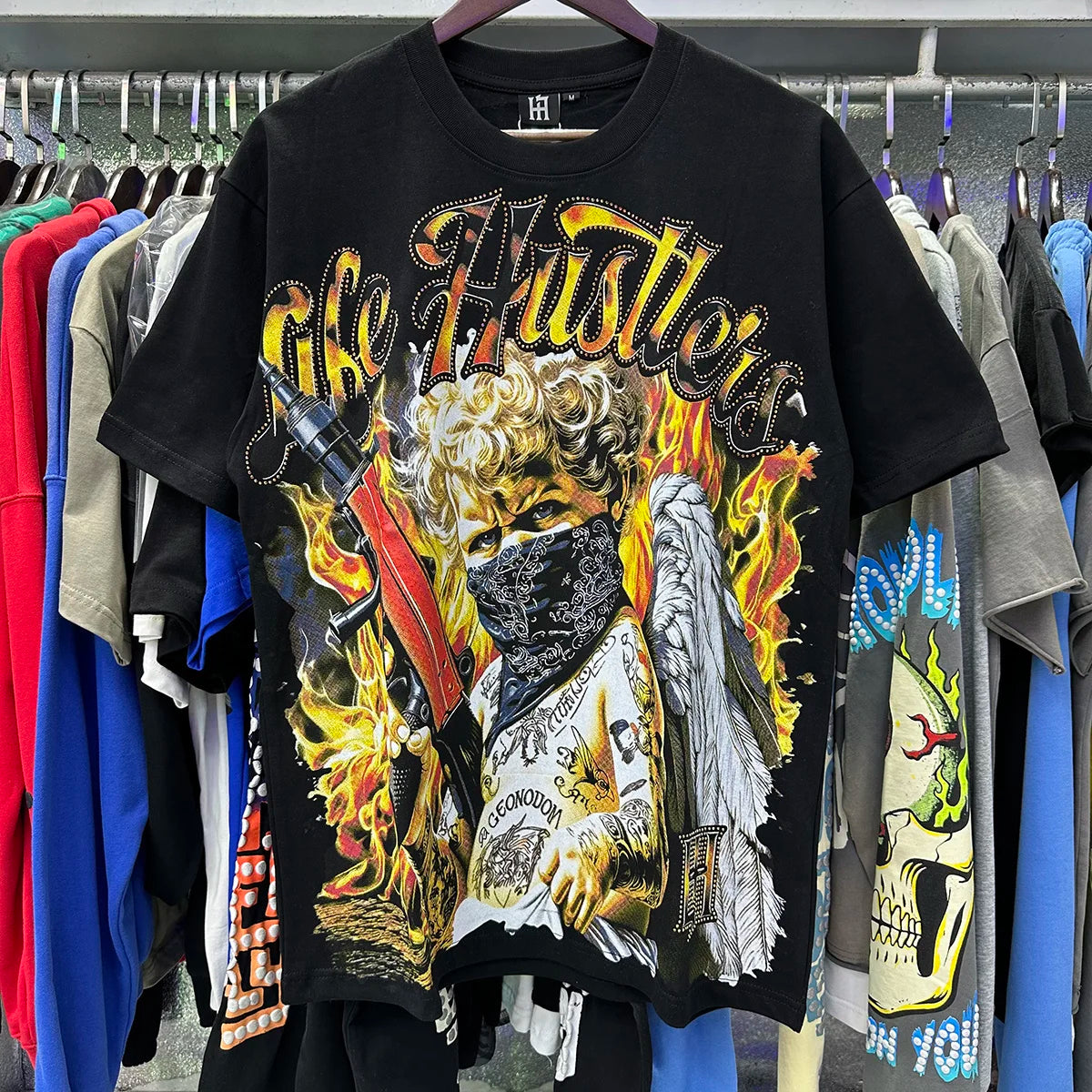 Masked Angel Shooting Arrows Diamond Cotton Short Sleeve Tshirts for Men and Women Crew Neck Loose Summer T-shirt Oversized Tees