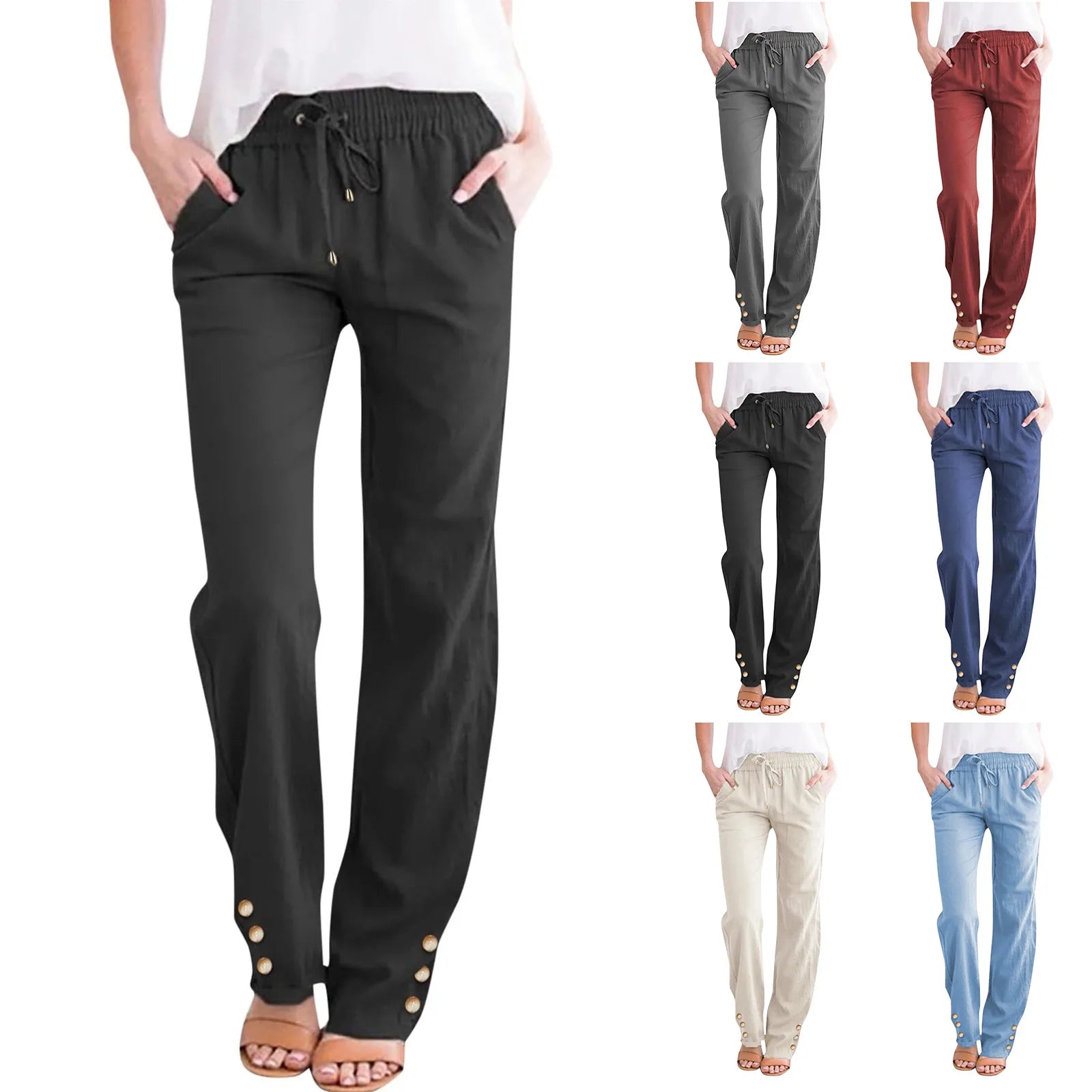 Women'S Fashionable Pants Casual Summer New Straight Trousers Solid Color Casual Slim-Fit With Pockets Buttoned Daily Pants