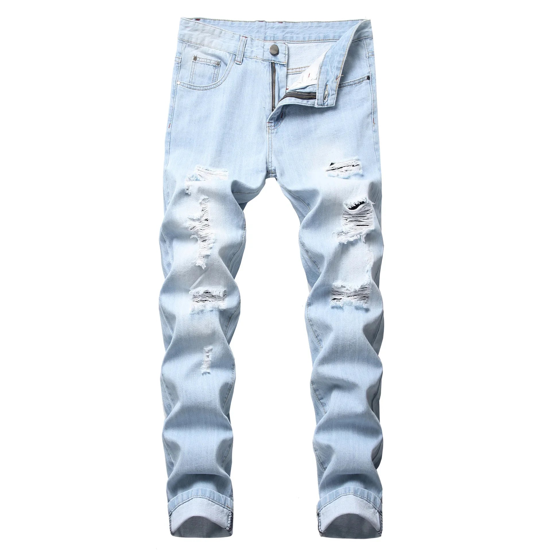 Cross-Border Men's Wear Ripped Straight-Leg Slim Fit Smooths Your Silhouette No Stretch Jeans Light-Colored Denim Trousers Amazo