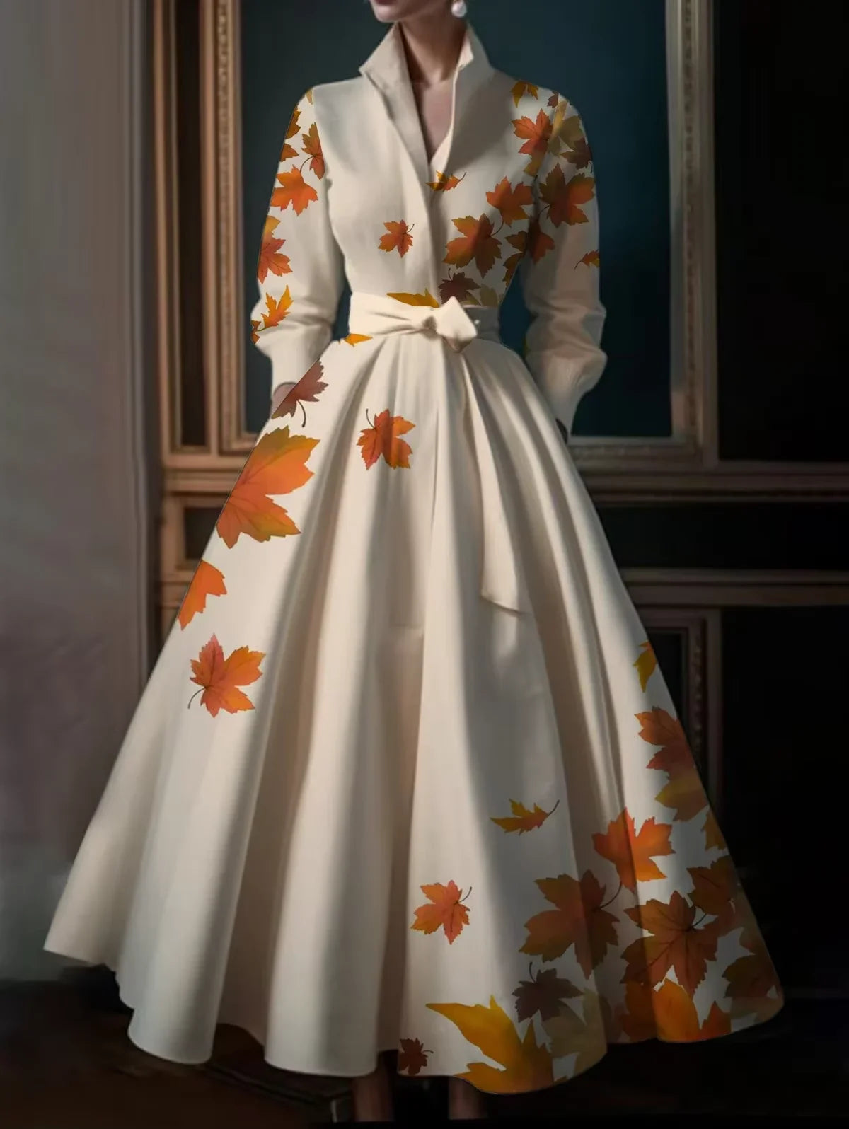 Vintage Floral Printing A-Line Dress Multicolor Turndown Collar
