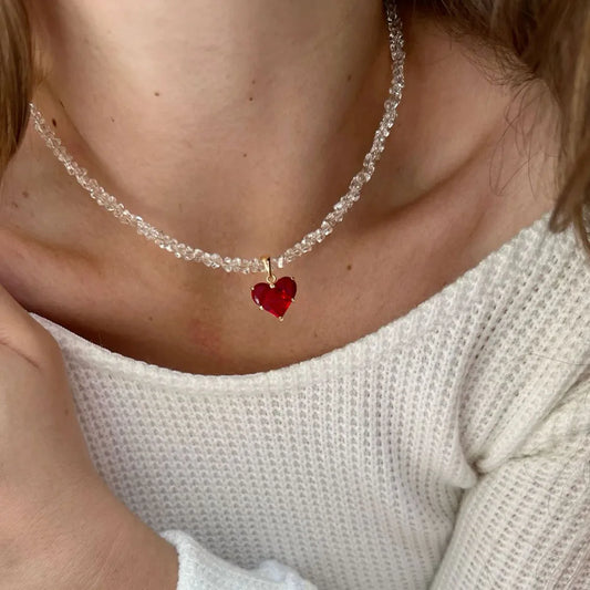 Vintage Zircon Crystal Heart Pendant Transparent Crystal Chain Necklace for Women