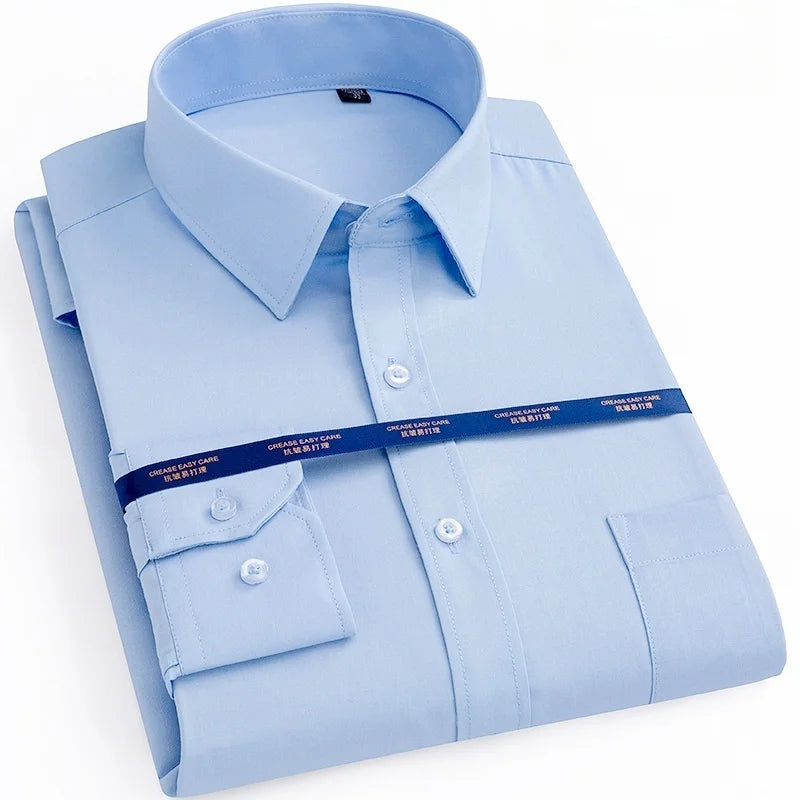 New Men Formal Shirt Long Sleeve Office Solid Color Anti-Wrinkle Fashion Business Pocket White Blue Social Pocket Shirts 6XL 7XL