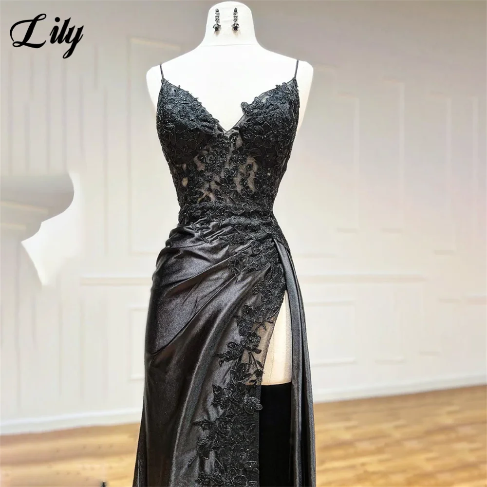 Lily Spaghetti Strap Black Prom Dress
