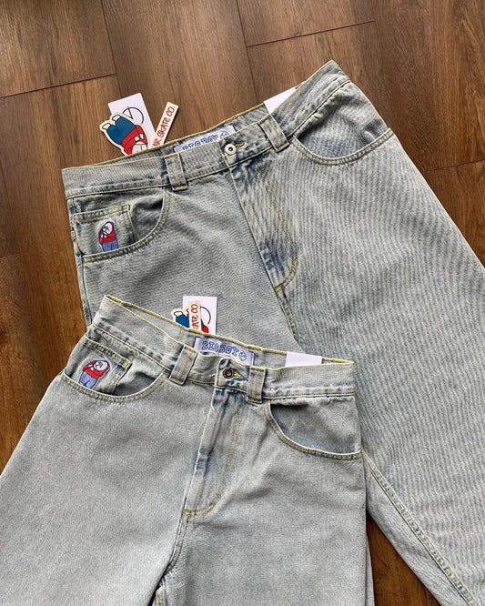 Graphic Embroidery Big Boy Jeans Y2K Japanese Gothic Hip Hop Cartoon Blue Jeans