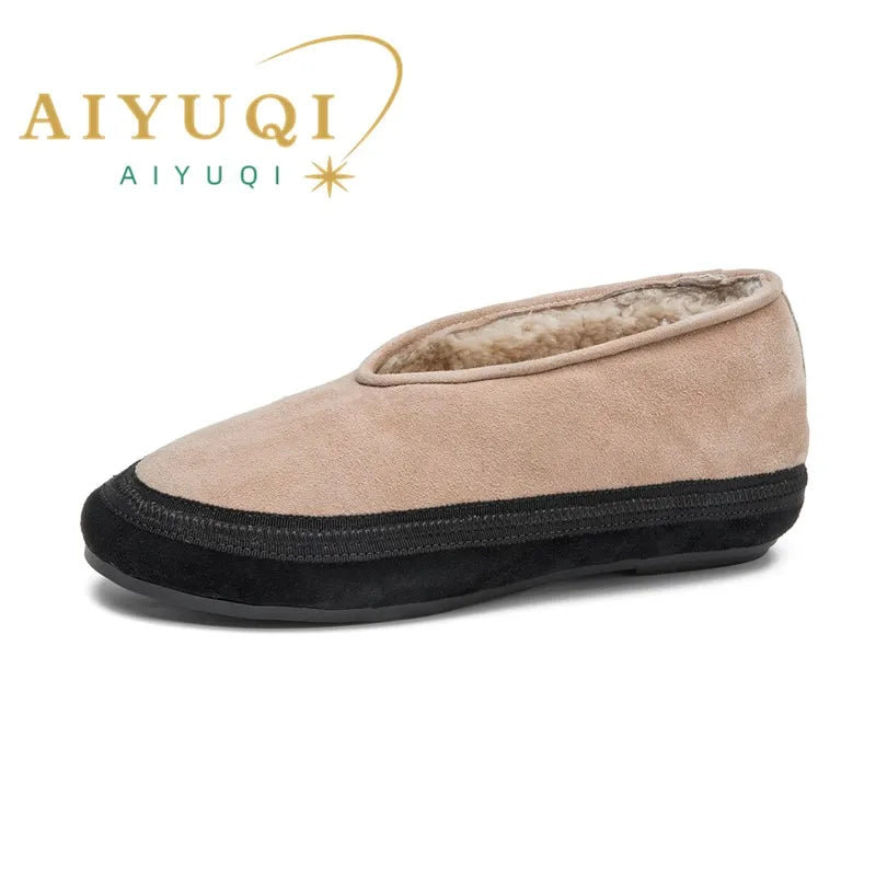 AIYUQI Winter Flat Shoes Women 2025 New Fur Lining Warm Women Snow Shoes Genuine Leather Comfortable Female Winter Ballet Shoes