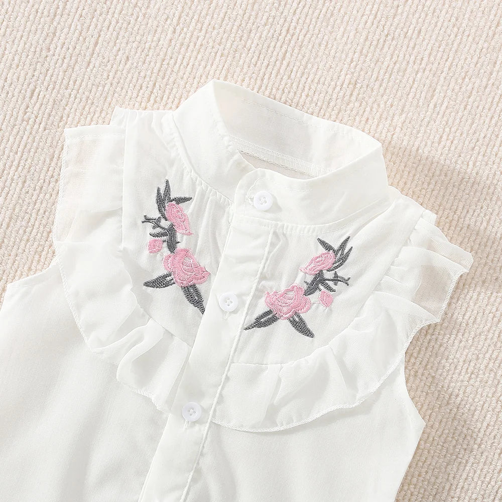 Baby Girl Flower Embroidery Sleeveless Top And Shorts