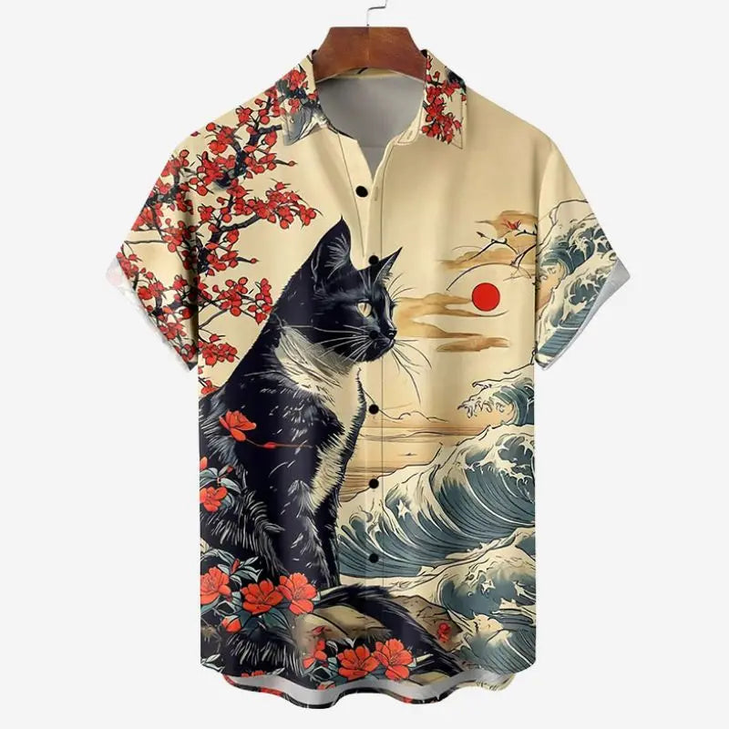 Men's Retro Short Sleeve Shirt Summer Casual Fun Hawaiian Ukiyoe Kitten Fishing Shark Print Lapel Short Sleeve Shirt