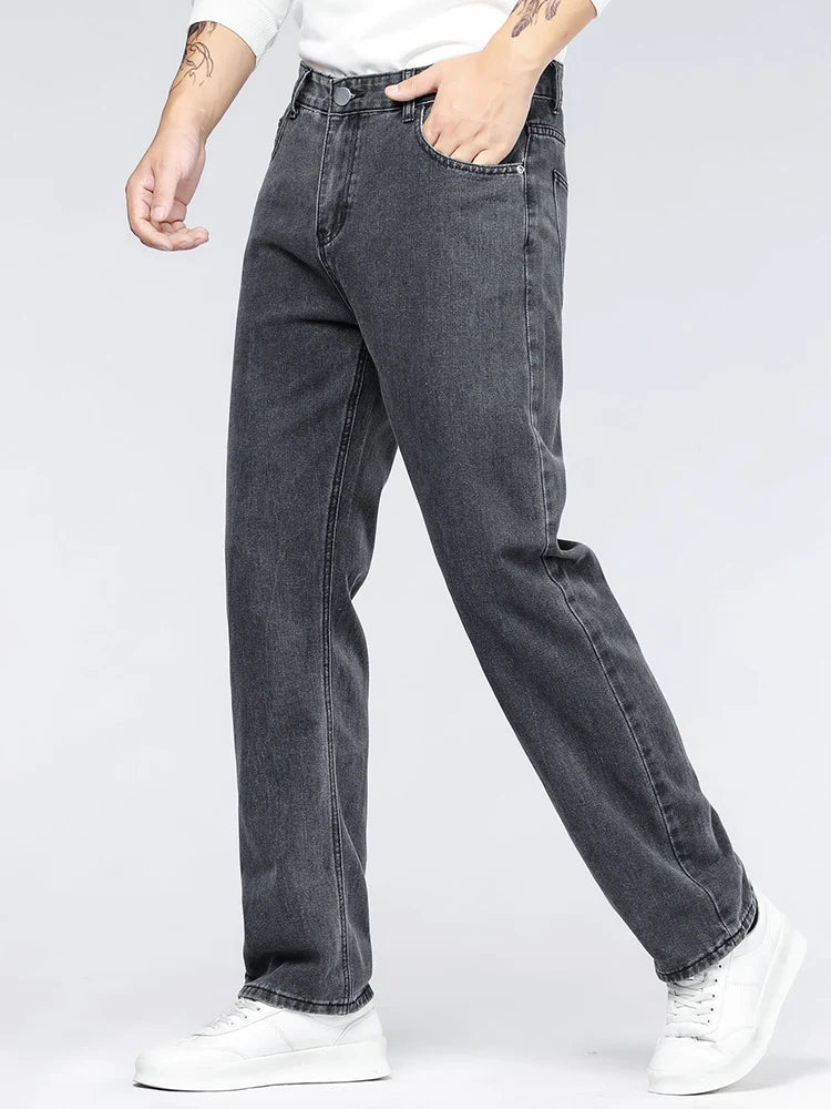 Men's Korean Fashion Baggy Jeans Classic All-match Solid Color Straight-leg Denim Wide-leg Pants Male Light Blue Black Grey