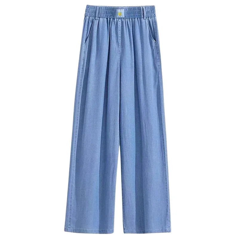 Loose Fit Ice Silk Denim Casual Pants Women's Summer Trendy Brand Thin Wide Leg Pants High Waist Wide Leg Jeans