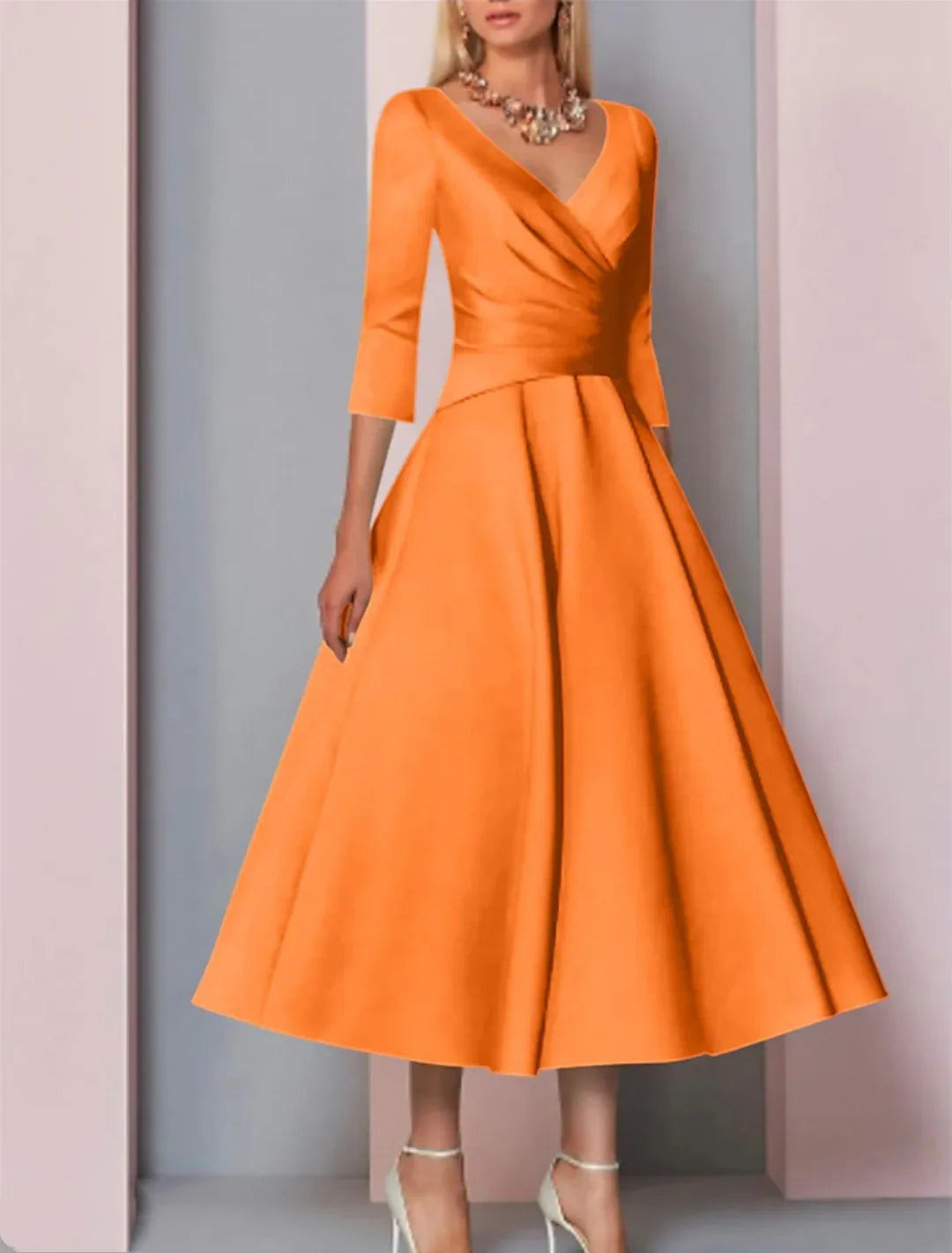 Evening Dress Women Elegant Sexy Satin Deep V-neck 3/4 Sleeves