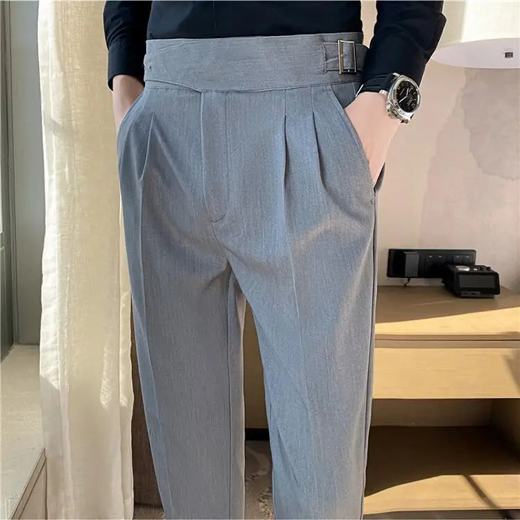 Men High Waist Casual Dress Pant Men Belt Design Slim Trousers