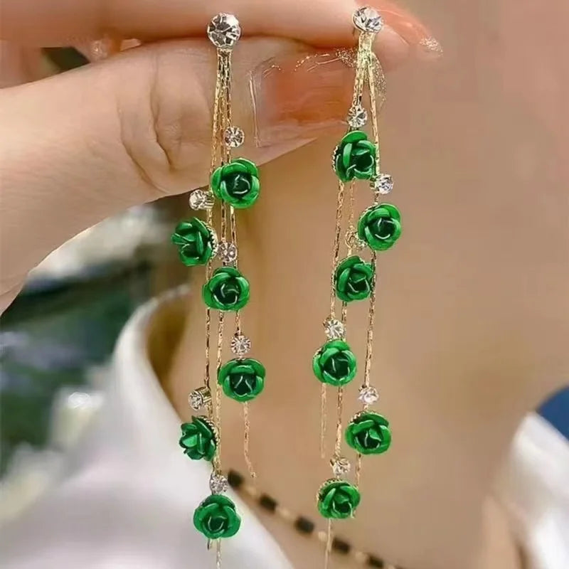 Rose Flower Long Tassel Dangle Earrings For Women