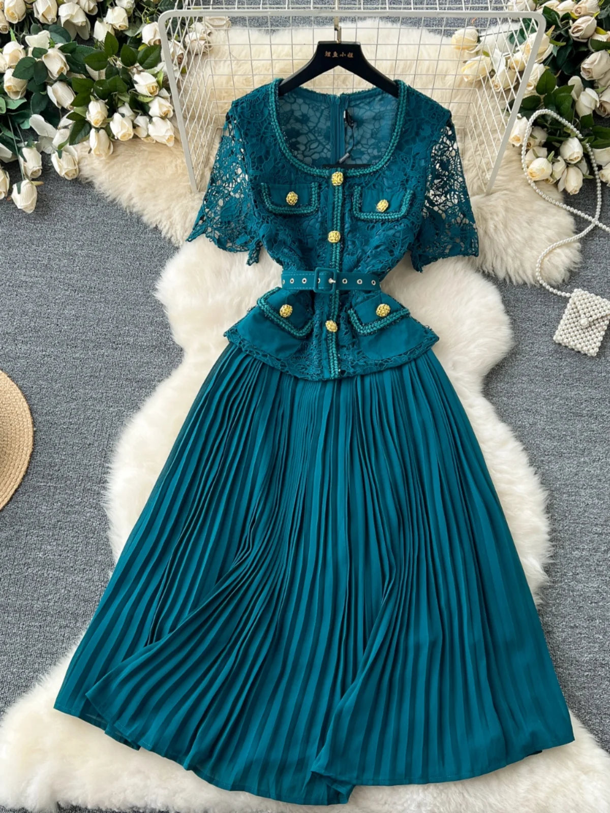 Designer Summer Pleated Chiffon Lace Long Dress