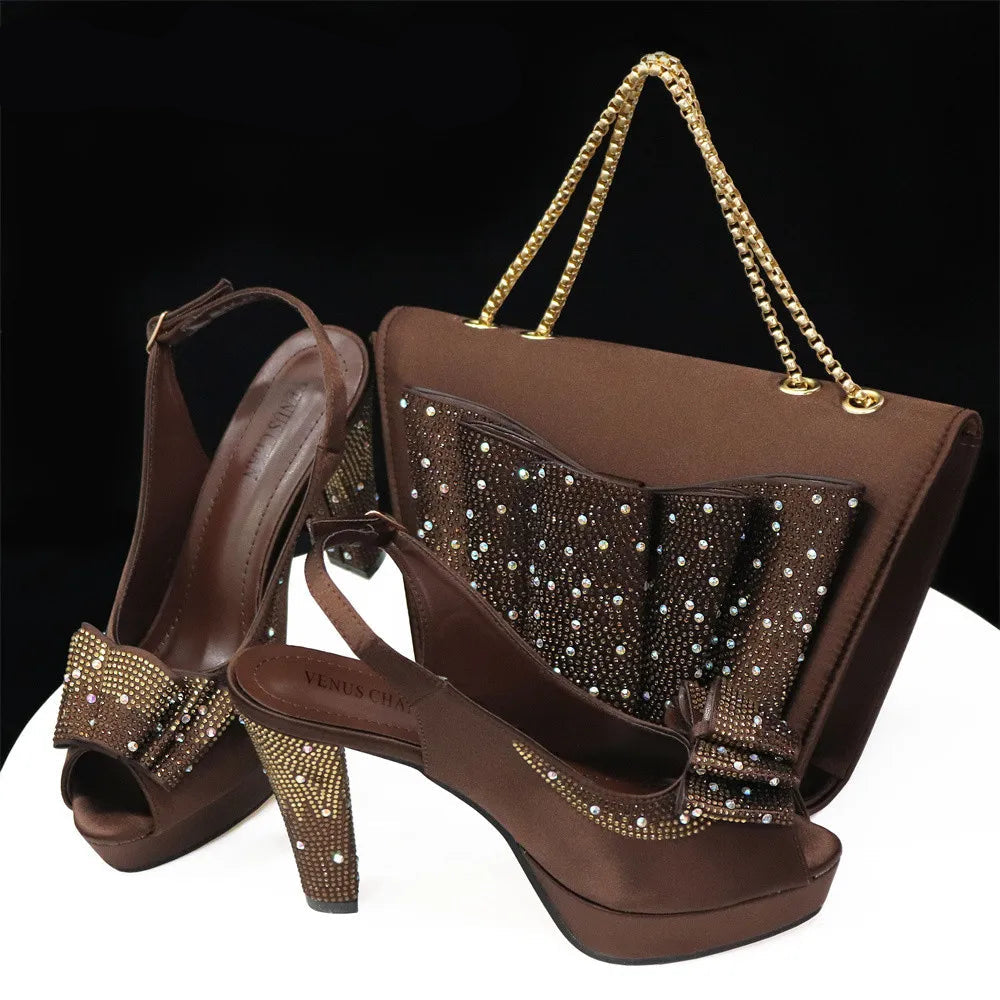 Women High Heels Sandals Printing Flower Material with Rhinestone Open-Toed Shoes