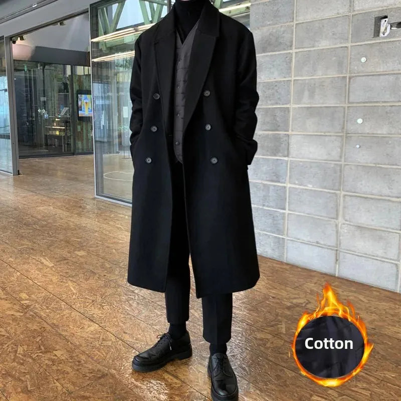 Manteau d'automne-hiver pour homme, nouvelle collection 2023, en laine de style coréen, mi-long, épaissi, avec double boutonnage et finition haut de gamme.