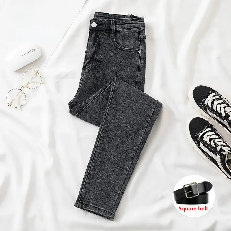 Black Grey Jeans Women's Slimming Cropped Pants Chic Versatile Student Short Trousers Long Pants Slim Fit Sihouette Smoothing