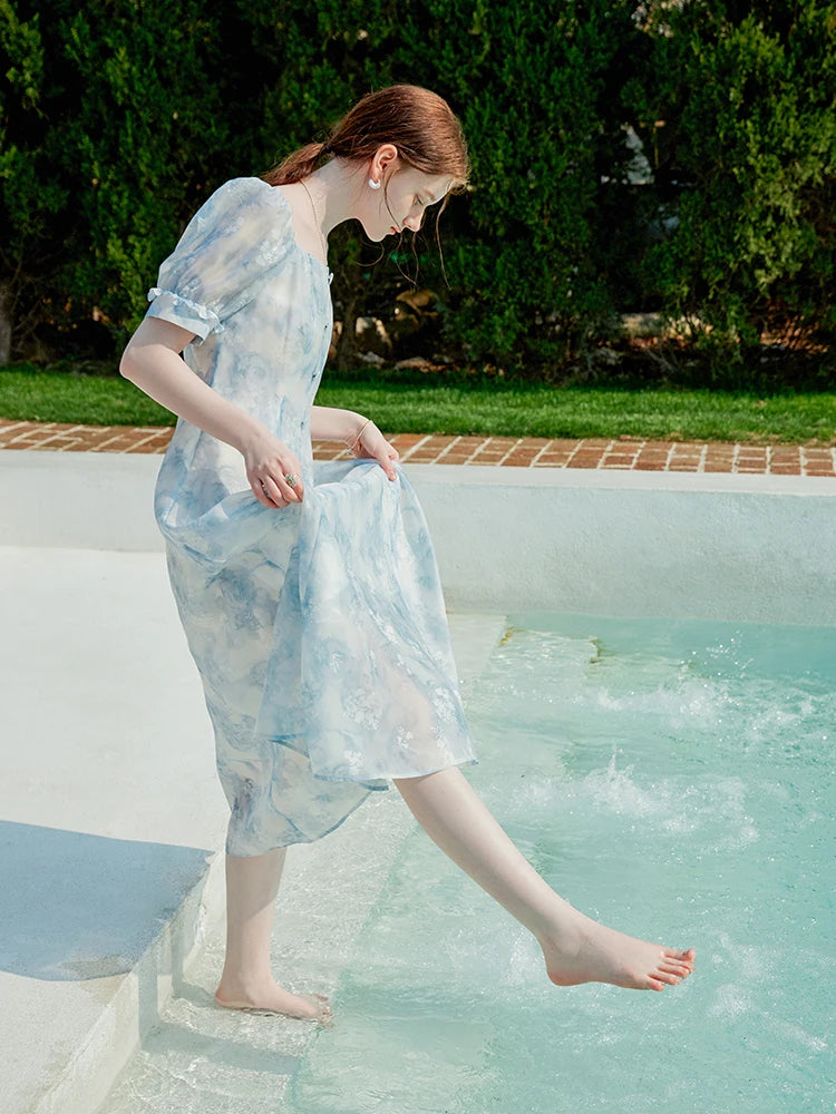 FSLE Blue Floral Dress For Women's Summer 2024 New French Gentle Style Dress Casual Loose Women Blue Dress 24FS12221