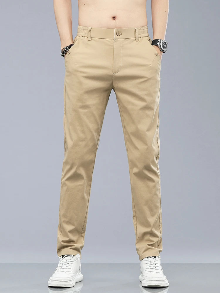 Brand Clothing Men's Casual Pants 98% Cotton Thin Business Straight Slim Fit Classic Trousers Stretch Spring Summer Male Pants