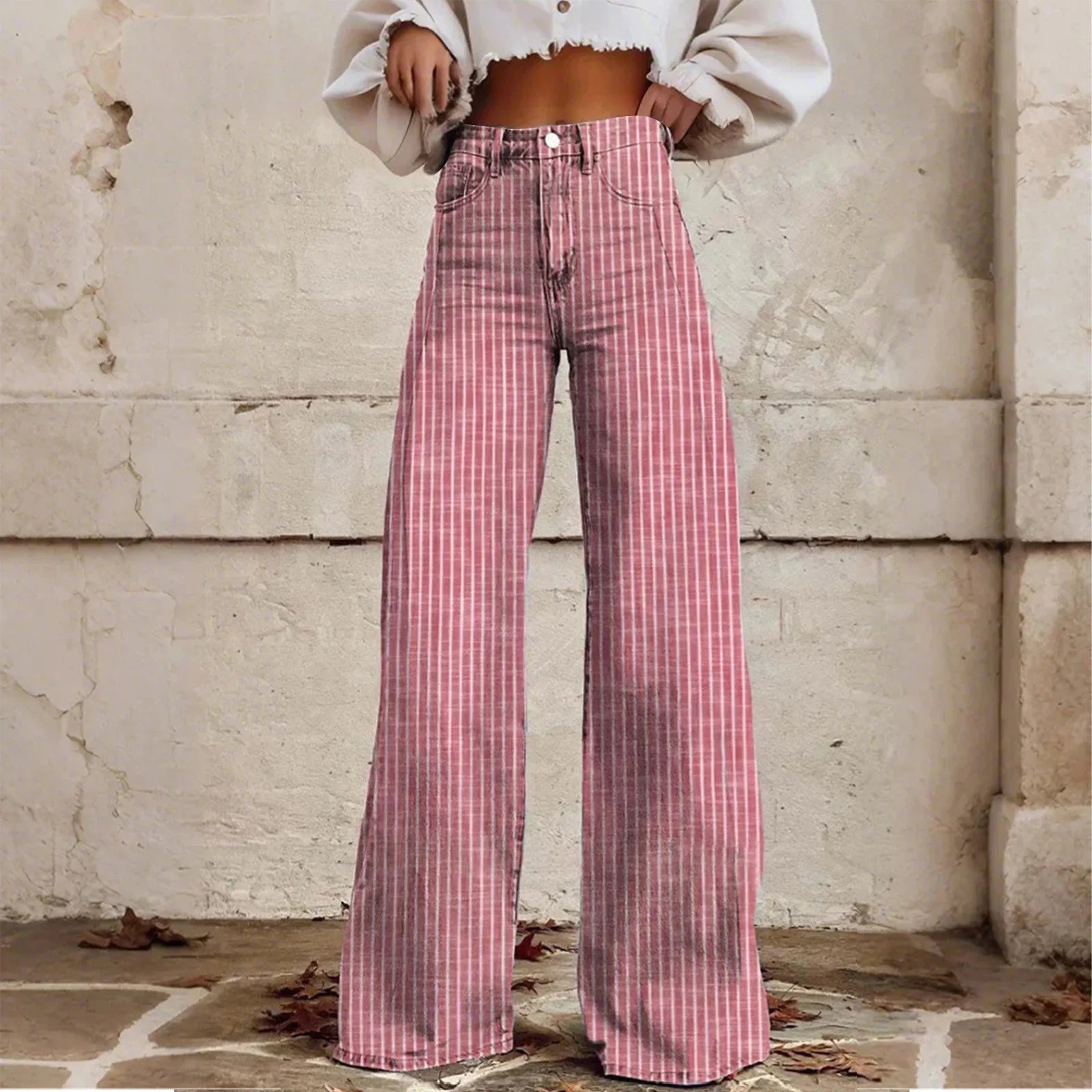 Women Bootcut Jeans Fashion Trendy Color Striped Wide Leg Straight Leg Mopping Pants Casual Street Style All-Match Denim Pants