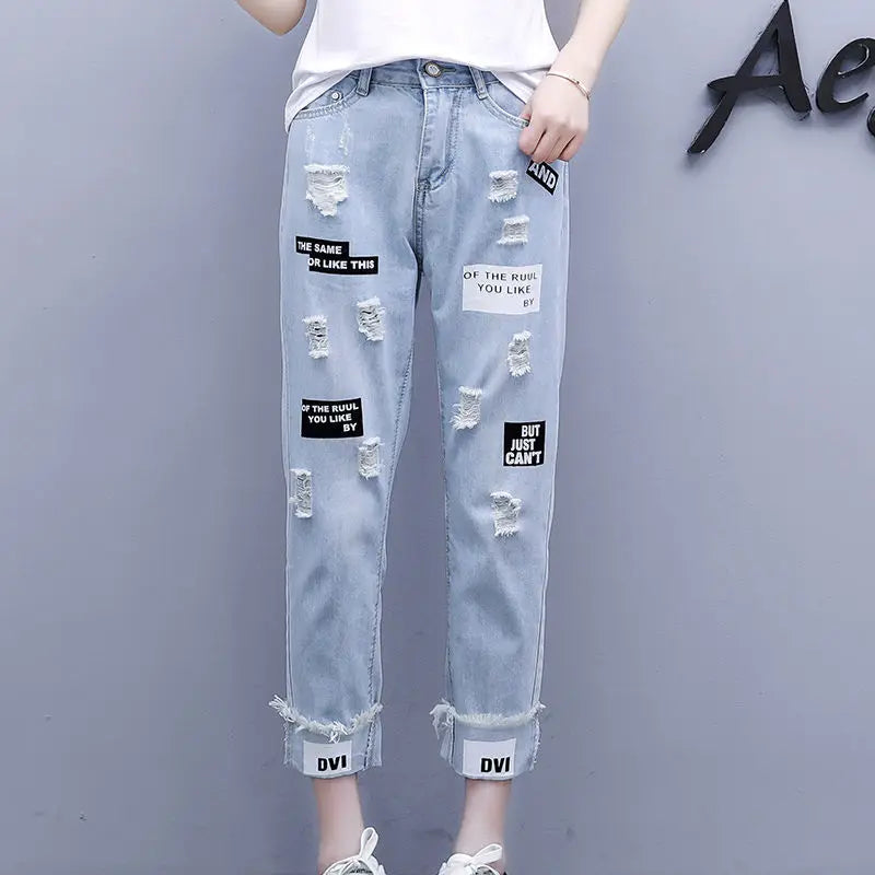 2023 Summer New Vintage Flower Hollowed-out Jeans Cool Pants Women's Pants Loose Street Casual Trousers