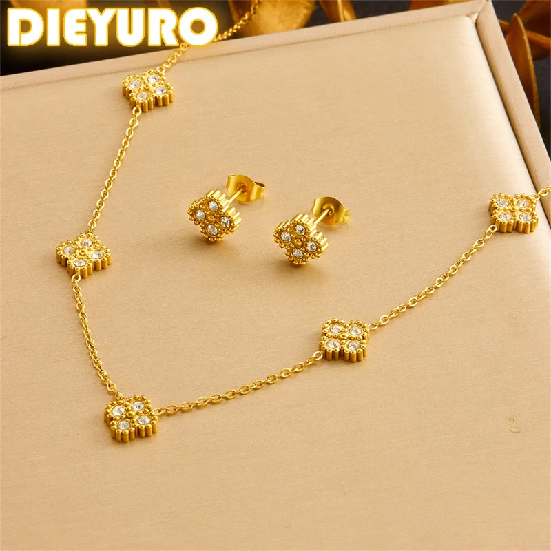 Stainless Steel Zircon Splicing Golden Flowers Necklace For Women
