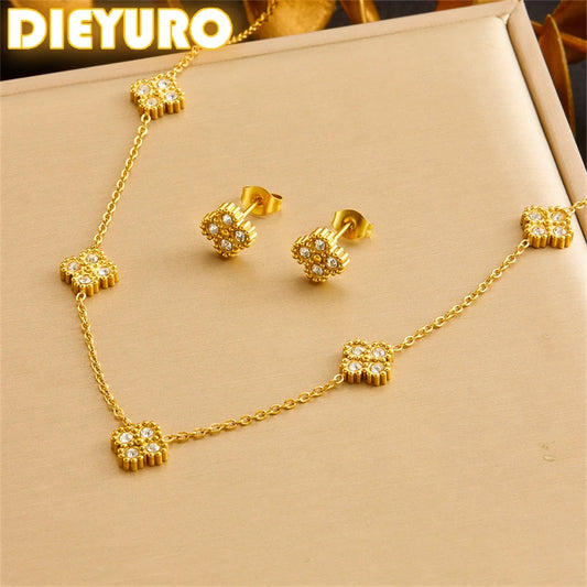 Stainless Steel Zircon Splicing Golden Flowers Necklace For Women
