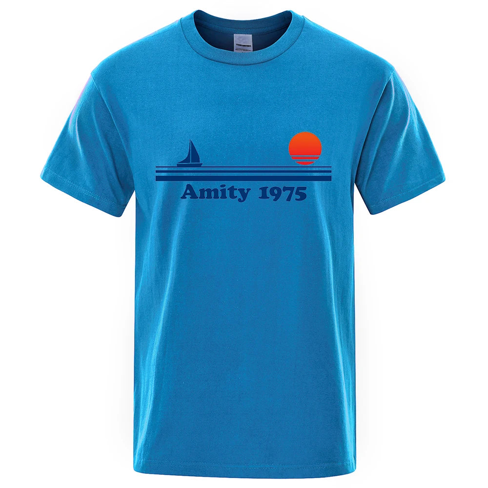 Amity 1975 - Jaws Retro Print Tshirt Men Creativity Sweat Clothing Fashion Tee Clothes T Shirts Breathable Cotton T-Shirts Man