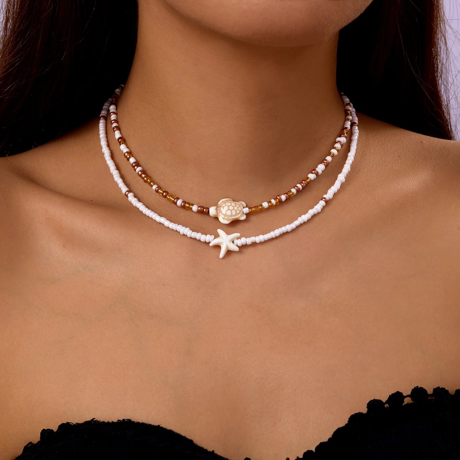 Bohemian Double Rice Bead Chain Clavicle Necklace for Women