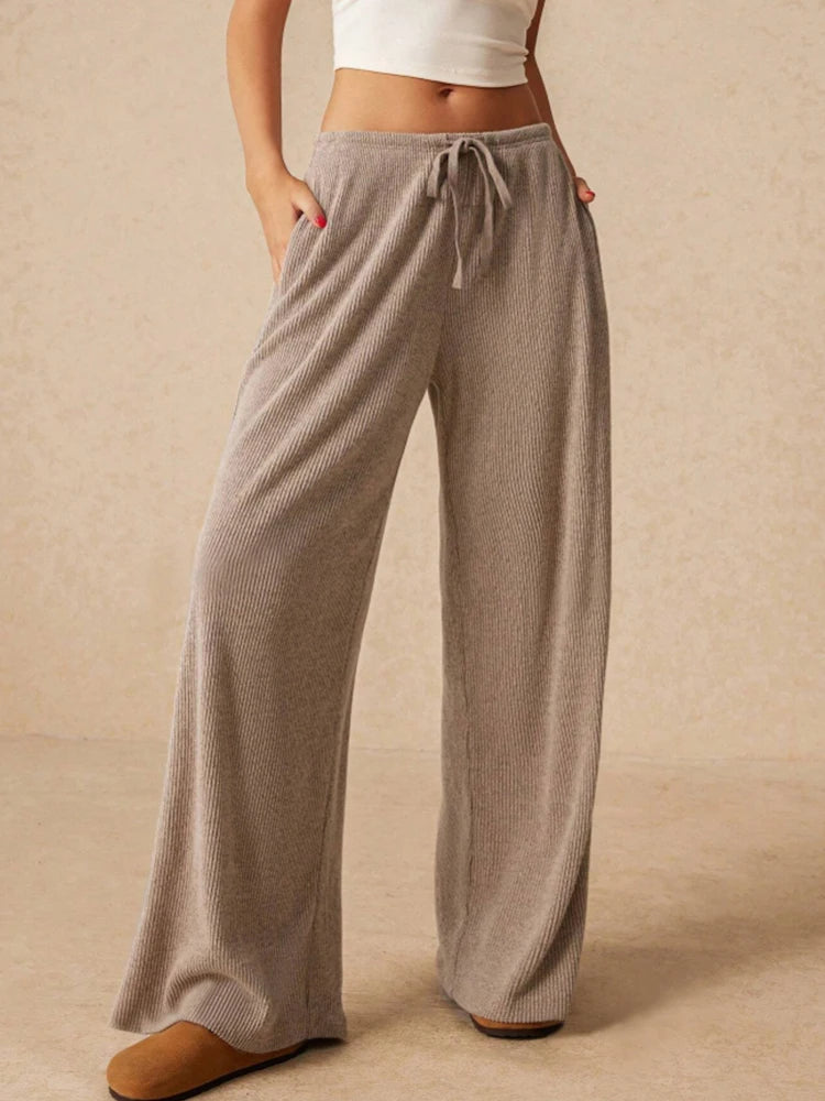 Women's Casual Slim, Simple and Comfortable Daily Versatile Solid Color Drawstring Straight Wide-Leg Trousers