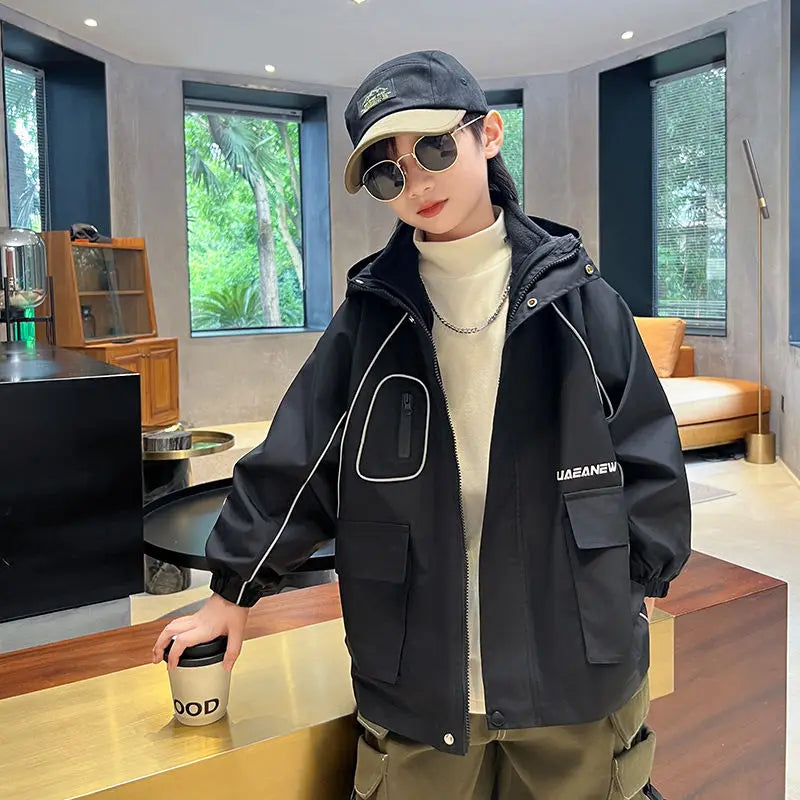 Spring Autumn Outerwear Kid Boys Jackets Zipper Hooded Children Windbreak Waterproof Top Casual Joggers Boys Loose Coats 5-14Y