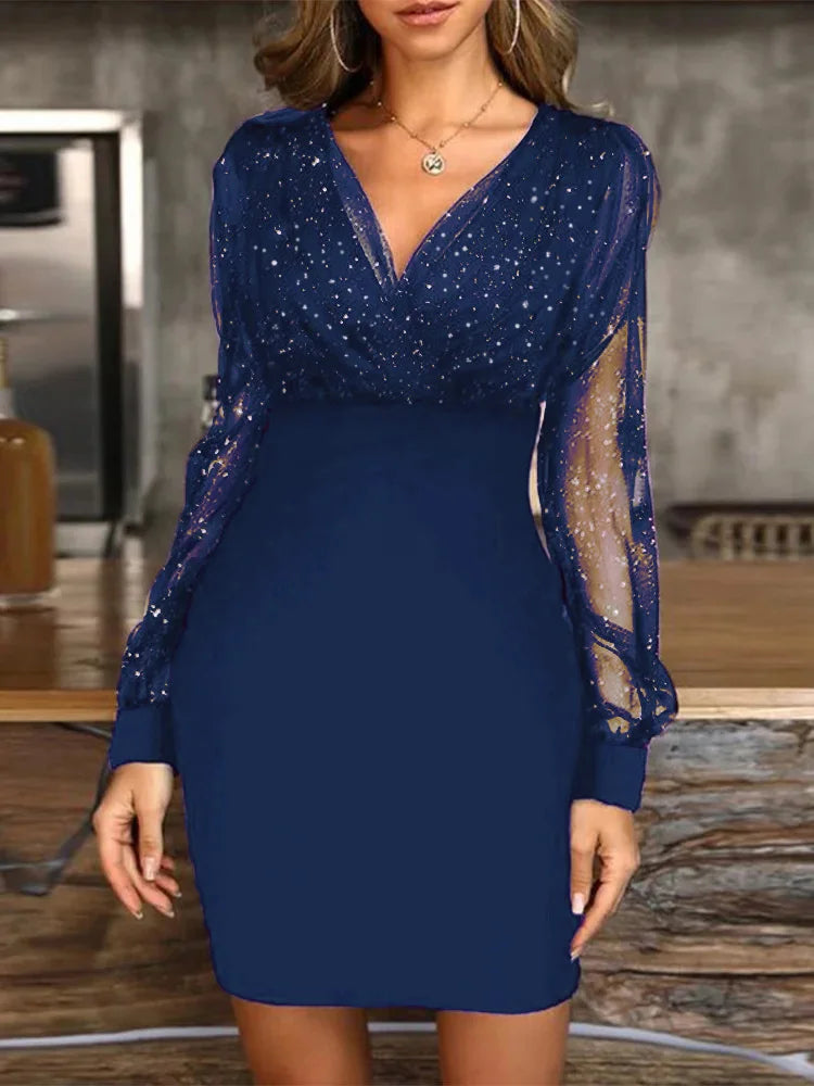 Sexy V-Neck See Through Long Sleeve Dress