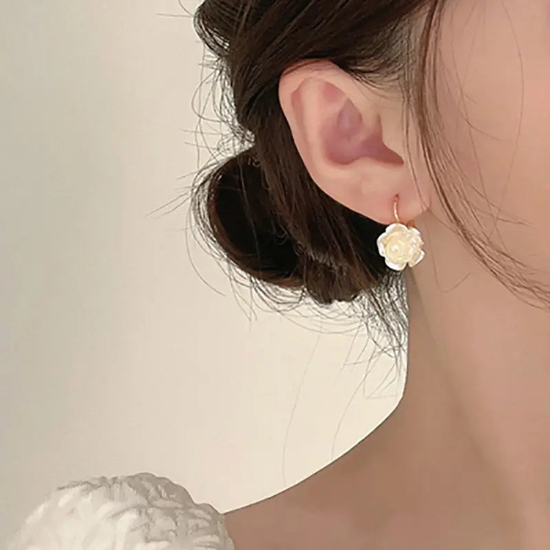 White Camellia Flower Dangle Earrings For Women