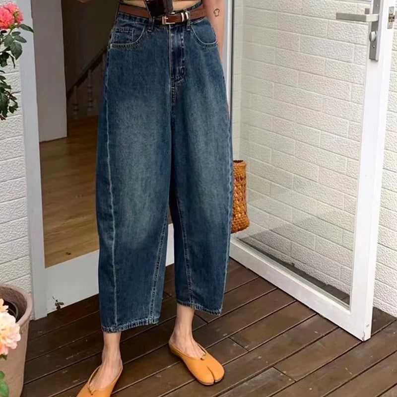 2024 Spring/summer High Waist Jeans for Women Blue Washed Casual Pants Korean Minimalist Patchwork Jeans Women's Clothing
