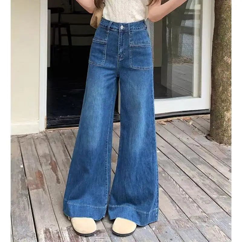 Autumn Spring Wide Leg Jeans Women Denim Pants Vintage Denim Trousers Fashion Female Bllue Straight Jeans Casual Wide Leg Pants