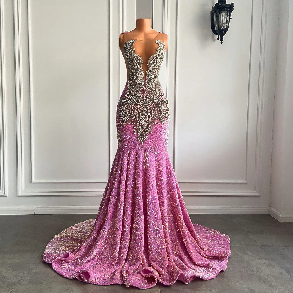Sexy Long Sparkly Prom Dresses 2025 Sheer O-neck Luxury Silver Crystals Diamond Sequin Mermaid Black Girl Prom Party Gowns