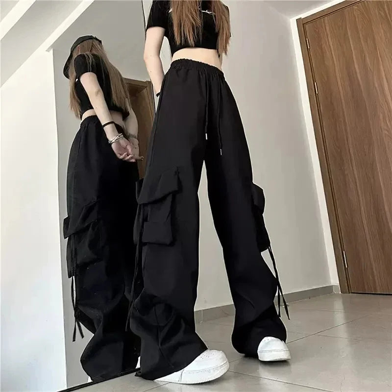 Women Black Big Pockets Streetwear