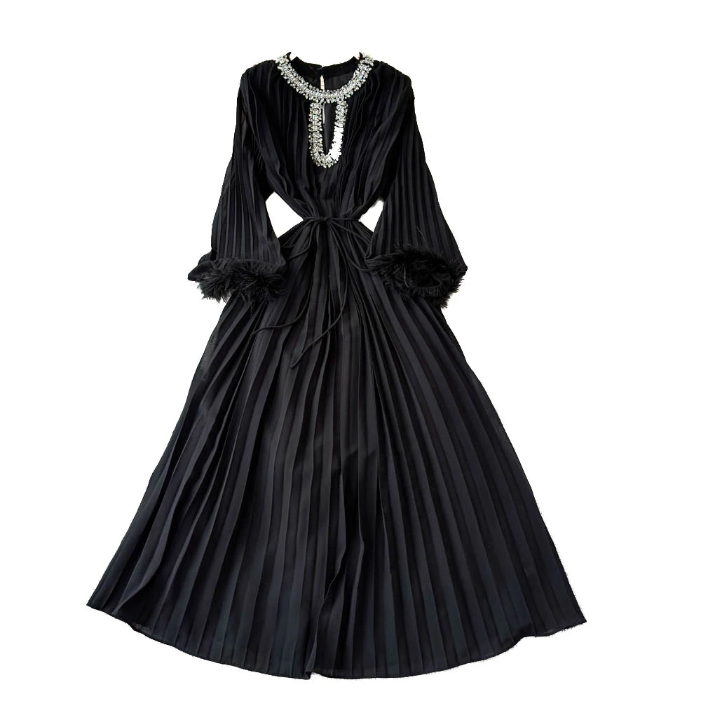 Crystal Loose Full Sleeve Maxi Pleated Chiffon Dress For Women