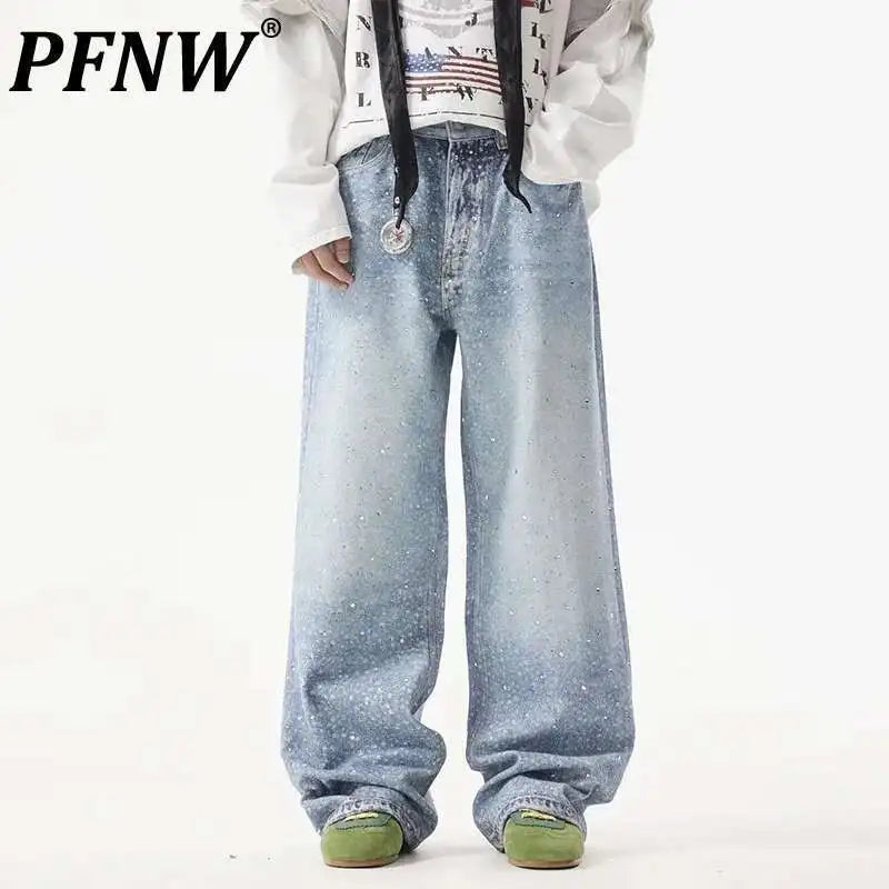 PFNW American Rhinestone Printed Design Vintage Jeans Men's Streetwear Hip Hop Mens Clothing Loose Wide Leg Pants Trendy 28W4644