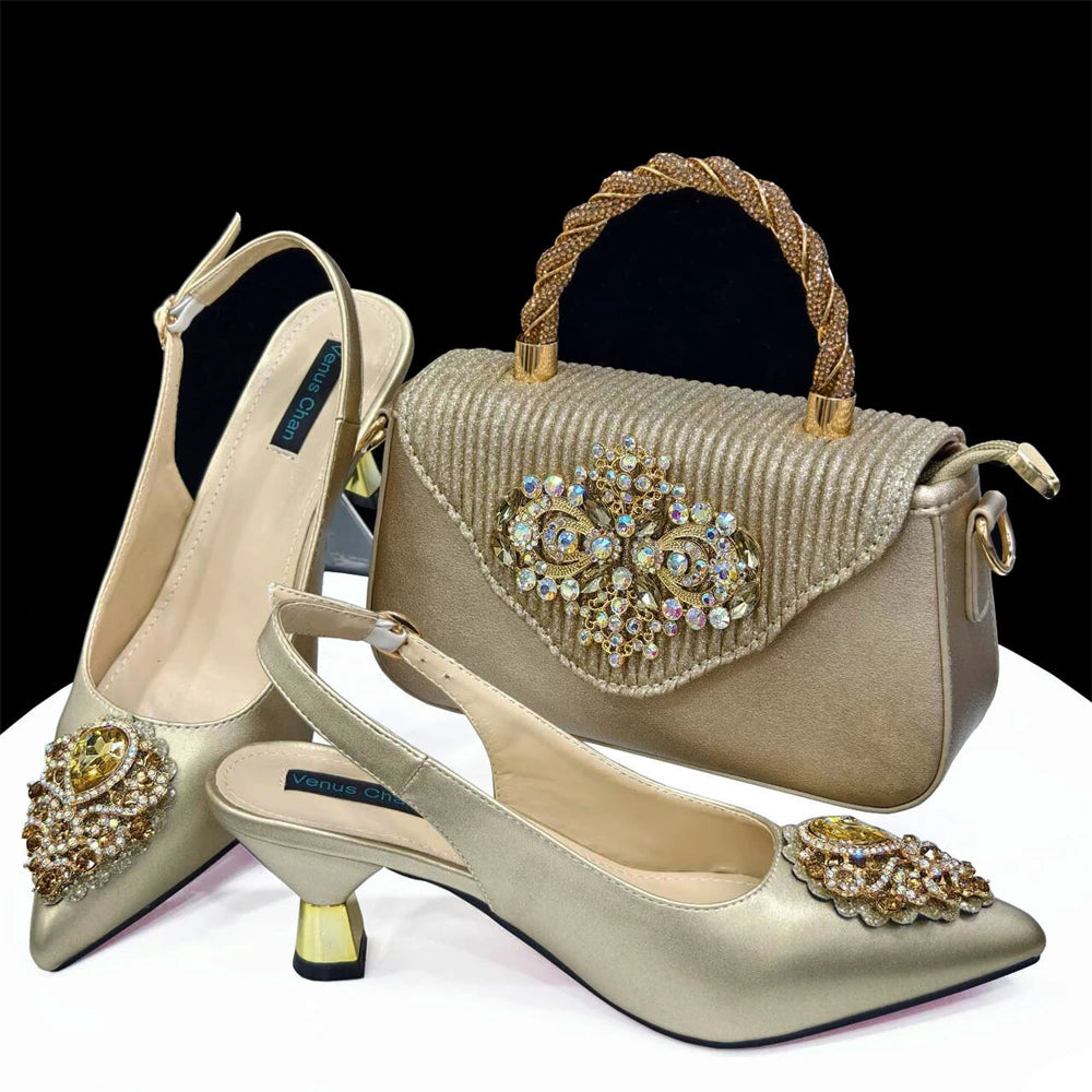 Women's Pink High Heel Frosted Crystal Shiny Rhinestone Party Pointed Shoes And Bag