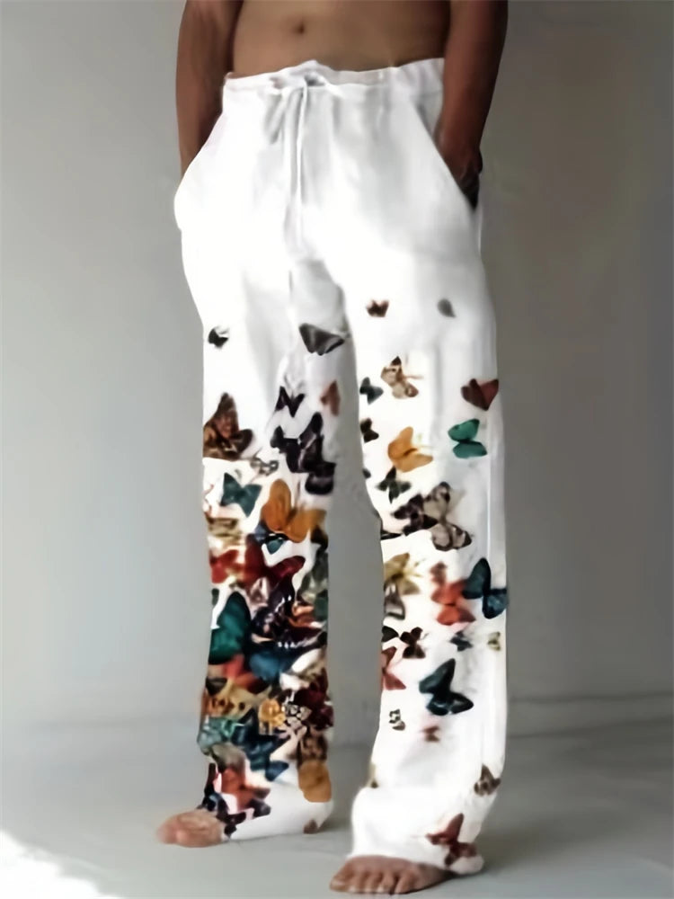 Vintage Men's Summer Straight Pants Comfortable And Breathable Cotton Linen Casual Pants Men's Butterfly Print Large Linen Pants