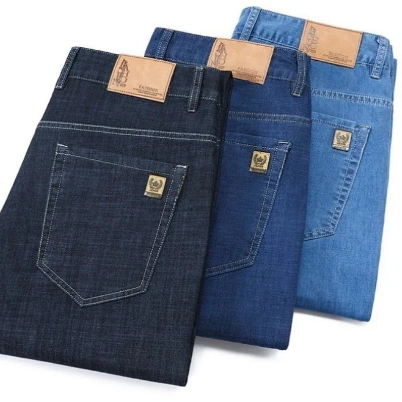 Men's Ice Silk Jeans Summer New Lyocell Thin Business Casual Denim Pants Classic All Match Slim Fit Straight Elastic Jean Male