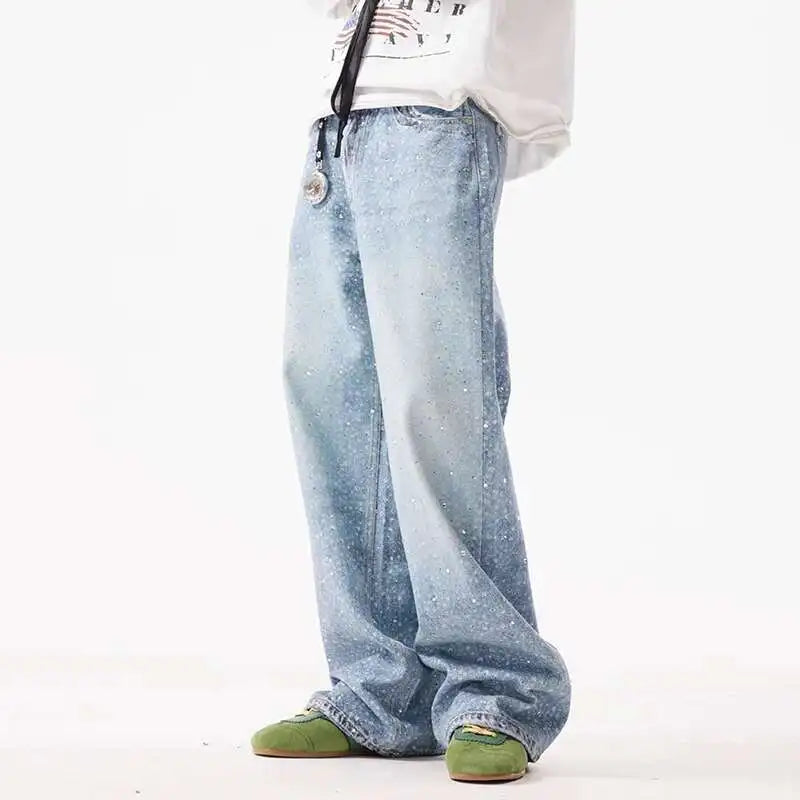 PFNW American Rhinestone Printed Design Vintage Jeans Men's Streetwear Hip Hop Mens Clothing Loose Wide Leg Pants Trendy 28W4644