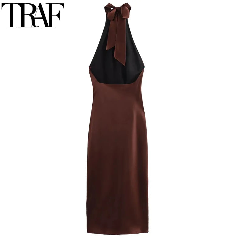 Halter Satin Long Dress Women Tied Backless Brown Midi Dress