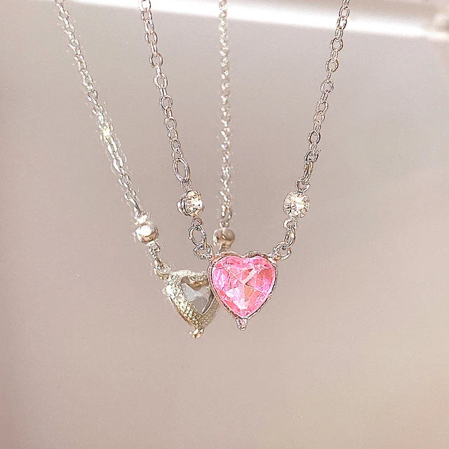 Y2K Pink Planet Heart Zircon Pendant Necklaces For Women