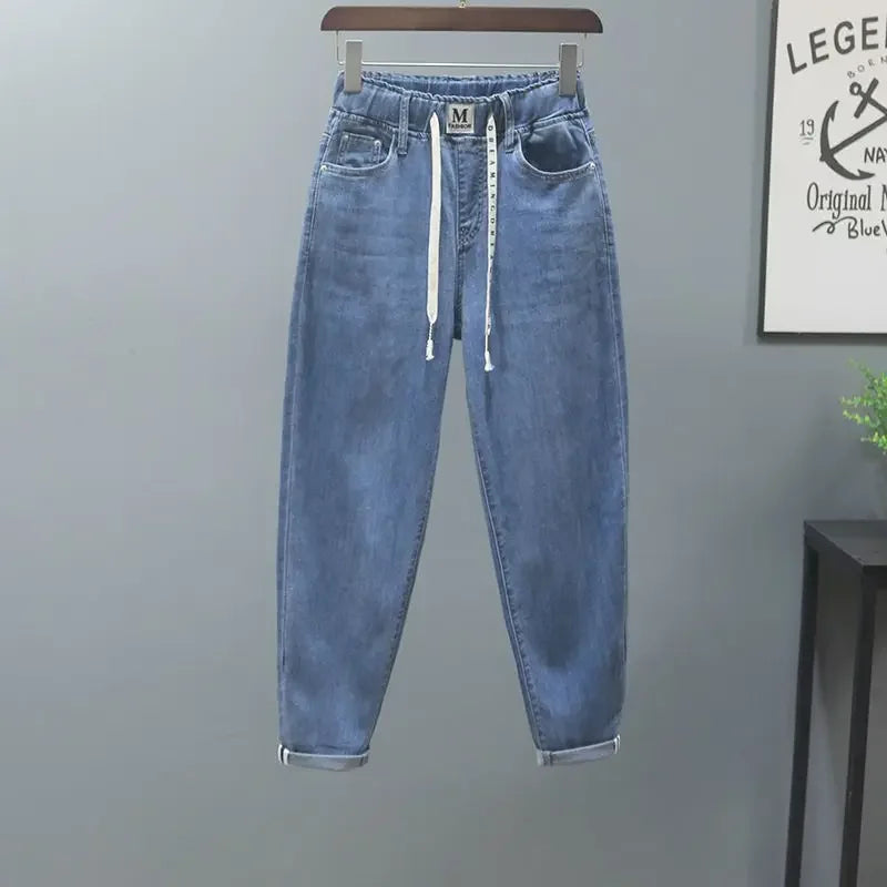 2024 New Women's Jeans High-waisted Elastic Waist Slimming Straight-leg Harem Trousers Autumn Fashion Trend